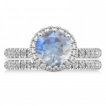 Moonstone & Diamond Round-Cut Halo Bridal Set 14K White Gold (3.17ct)
