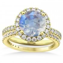 Moonstone & Diamond Round-Cut Halo Bridal Set 14K Yellow Gold (3.17ct)