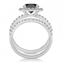 Onyx & Diamond Round-Cut Halo Bridal Set 14K White Gold (3.17ct)