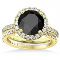 Onyx & Diamond Round-Cut Halo Bridal Set 14K Yellow Gold (3.17ct)