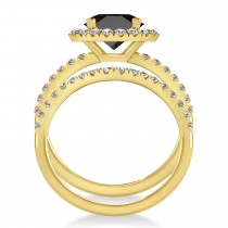 Onyx & Diamond Round-Cut Halo Bridal Set 18K Yellow Gold (3.17ct)