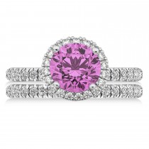 Pink Sapphire & Diamond Round-Cut Halo Bridal Set 14K White Gold (3.07ct)