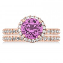 Pink Sapphire & Diamond Round-Cut Halo Bridal Set 18K Rose Gold (3.07ct)