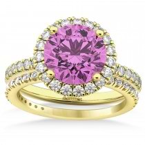 Pink Sapphire & Diamond Round-Cut Halo Bridal Set 18K Yellow Gold (3.07ct)