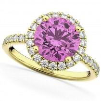 Pink Sapphire & Diamond Round-Cut Halo Bridal Set 18K Yellow Gold (3.07ct)