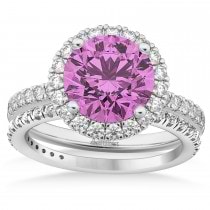 Pink Sapphire & Diamond Round-Cut Halo Bridal Set Palladium (3.07ct)