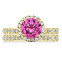 Pink Tourmaline & Diamond Round-Cut Halo Bridal Set 14K Yellow Gold (2.77ct)