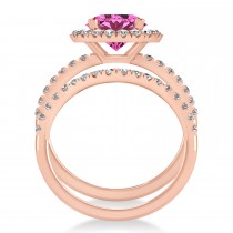 Pink Tourmaline & Diamond Round-Cut Halo Bridal Set 18K Rose Gold (2.77ct)