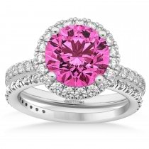 Pink Tourmaline & Diamond Round-Cut Halo Bridal Set 18K White Gold (2.77ct)