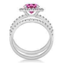 Pink Tourmaline & Diamond Round-Cut Halo Bridal Set 18K White Gold (2.77ct)
