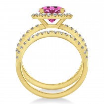 Pink Tourmaline & Diamond Round-Cut Halo Bridal Set 18K Yellow Gold (2.77ct)