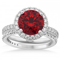 Ruby & Diamond Round-Cut Halo Bridal Set Platinum (3.07ct)