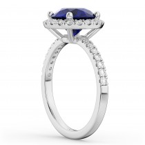 Halo Blue Sapphire & Diamond Engagement Ring 14K White Gold 2.80ct