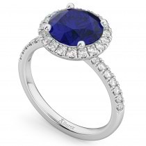 Halo Blue Sapphire & Diamond Engagement Ring 18K White Gold 2.80ct