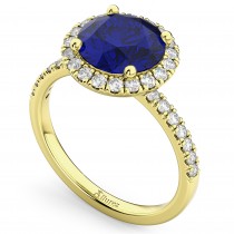 Halo Blue Sapphire & Diamond Engagement Ring 18K Yellow Gold 2.80ct