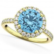 Halo Blue Topaz & Diamond Engagement Ring 18K Yellow Gold 3.00ct