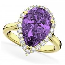 Pear Cut Halo Amethyst & Diamond Engagement Ring 14K Yellow Gold 5.44ct