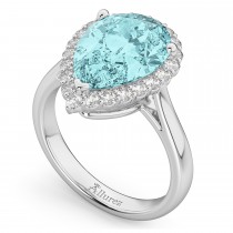 Pear Cut Halo Aquamarine & Diamond Engagement Ring 14K White Gold 6.04ct