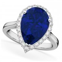 Pear Cut Halo Blue Sapphire & Diamond Engagement Ring 14K White Gold 8.34ct