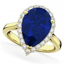 Pear Cut Halo Blue Sapphire & Diamond Engagement Ring 14K Yellow Gold 8.34ct