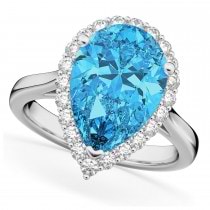 Pear Cut Halo Blue Topaz & Diamond Engagement Ring 14K White Gold 8.94ct