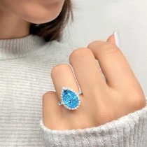 Pear Cut Halo Blue Topaz & Diamond Engagement Ring 14K White Gold 8.94ct