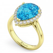 Pear Cut Halo Blue Topaz & Diamond Engagement Ring 14K Yellow Gold 8.94ct