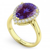 Pear Cut Halo Lab Alexandrite & Diamond Engagement Ring 14K Yellow Gold 5.44ct