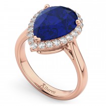 Pear Cut Halo Lab Blue Sapphire & Diamond Engagement Ring 14K Rose Gold 8.34ct