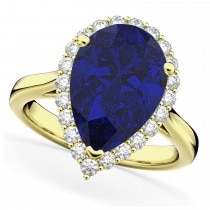 Pear Cut Halo Lab Blue Sapphire & Diamond Engagement Ring 14K Yellow Gold 8.34ct