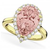 Pear Cut Halo Morganite & Diamond Engagement Ring 14K Yellow Gold 4.74ct