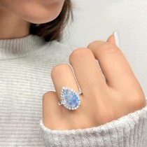 Pear Cut Halo Moonstone & Diamond Engagement Ring 14K White Gold 4.69ct