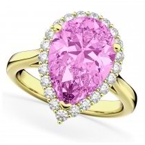 Pear Cut Halo Pink Sapphire & Diamond Engagement Ring 14K Yellow Gold 8.34ct