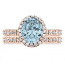 Aquamarine & Diamonds Oval-Cut Halo Bridal Set 14K Rose Gold (3.03ct)