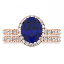 Blue Sapphire & Diamonds Oval-Cut Halo Bridal Set 14K Rose Gold (3.93ct)