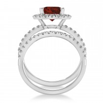 Garnet & Diamonds Oval-Cut Halo Bridal Set 14K White Gold (3.58ct)