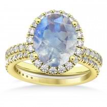 Moonstone & Diamonds Oval-Cut Halo Bridal Set 14K Yellow Gold (3.58ct)
