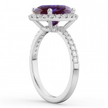 Oval Cut Halo Lab Alexandrite & Diamond Engagement Ring 14K White Gold 2.91ct