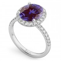 Oval Cut Halo Lab Alexandrite & Diamond Engagement Ring 14K White Gold 2.91ct