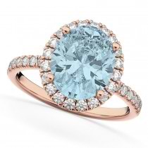 Oval Cut Halo Aquamarine & Diamond Engagement Ring 14K Rose Gold 2.76ct