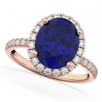 Oval Cut Halo Blue Sapphire & Diamond Engagement Ring 14K Rose Gold 3.66ct