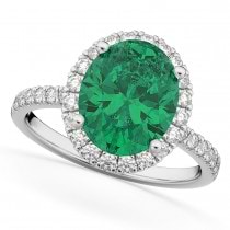 Oval Cut Halo Emerald & Diamond Engagement Ring 14K White Gold 3.11ct