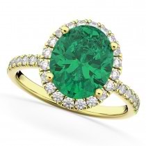 Oval Cut Halo Emerald & Diamond Engagement Ring 14K Yellow Gold 3.11ct