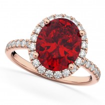 Oval Cut Halo Ruby & Diamond Engagement Ring 14K Rose Gold 3.66ct