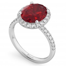 Oval Cut Halo Ruby & Diamond Engagement Ring 14K White Gold 3.66ct