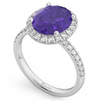 Oval Cut Halo Tanzanite & Diamond Engagement Ring 14K White Gold 3.66ct