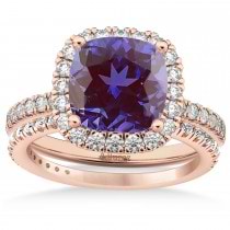 Lab Alexandrite & Diamonds Cushion-Cut Halo Bridal Set 14K Rose Gold (3.38ct)