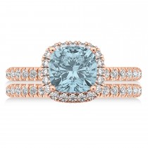 Aquamarine & Diamonds Cushion-Cut Halo Bridal Set 14K Rose Gold (3.38ct)