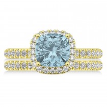 Aquamarine & Diamonds Cushion-Cut Halo Bridal Set 14K Yellow Gold (3.38ct)