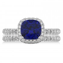 Blue Sapphire & Diamonds Cushion-Cut Halo Bridal Set 14K White Gold (3.38ct)